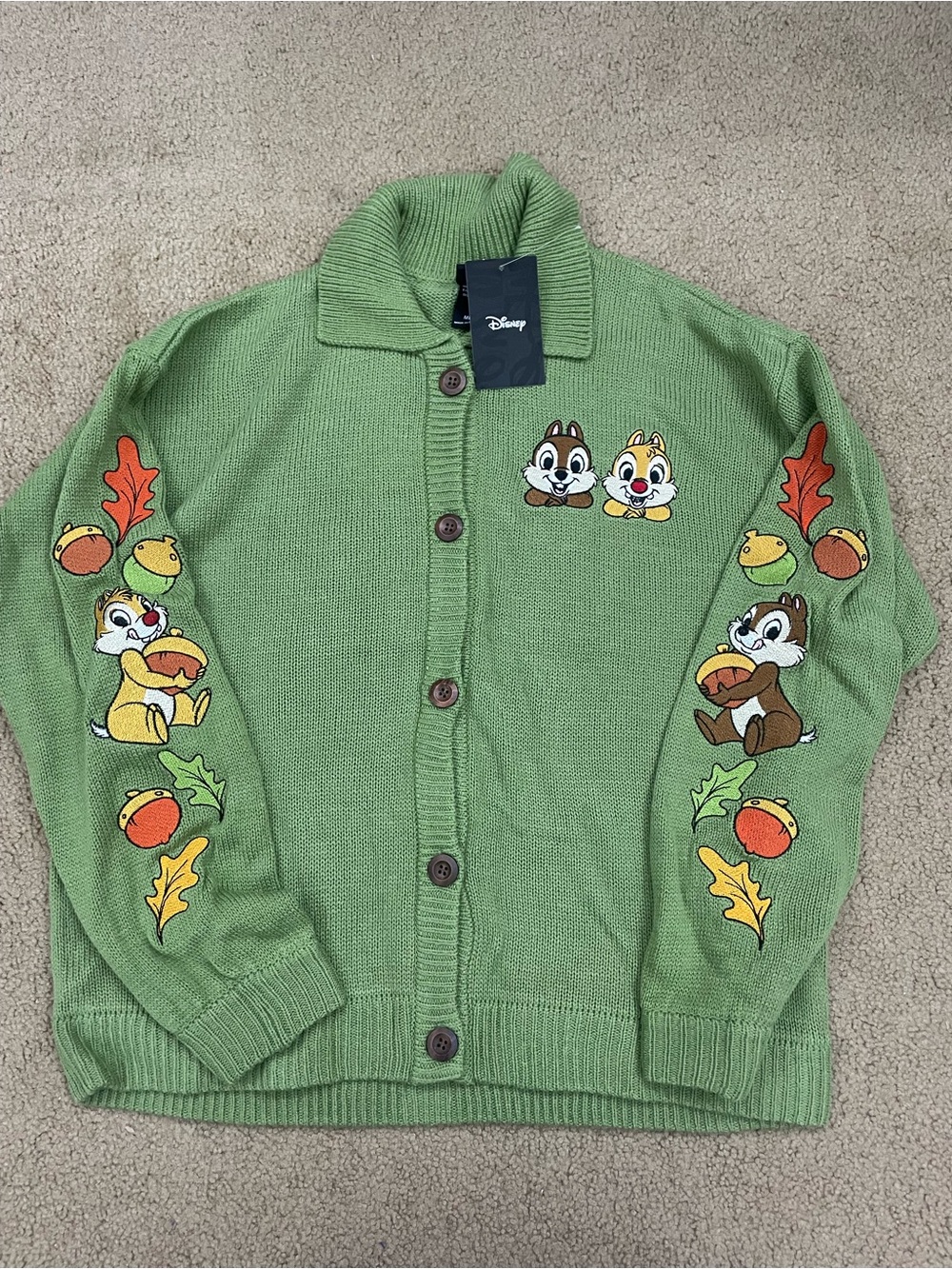Disney Green Chip 'n' Dale Knit Cardigan Jacket with Fall embroidery